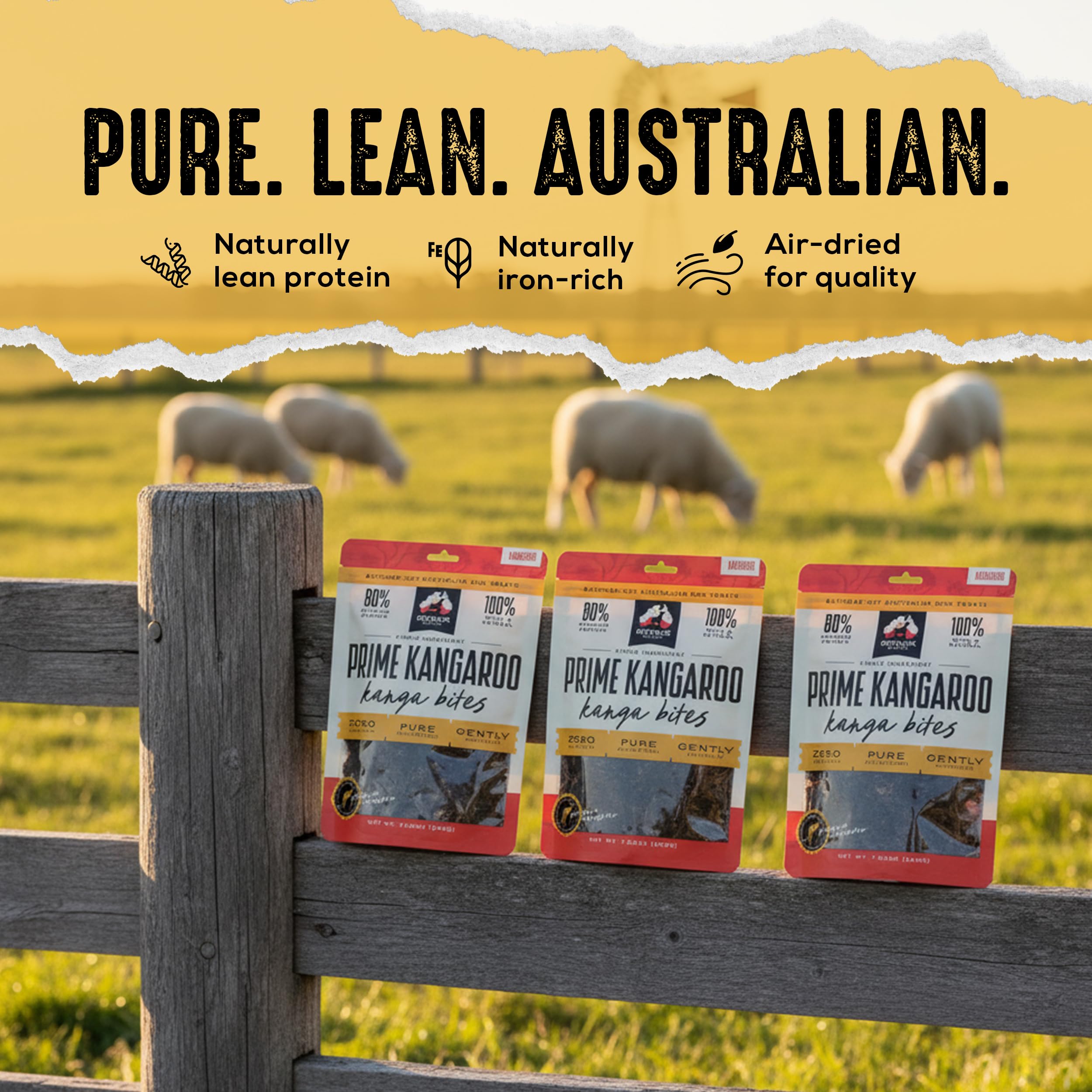 Qualité premium des bouchées Outback Bones Prime Kangaroo Jerky.