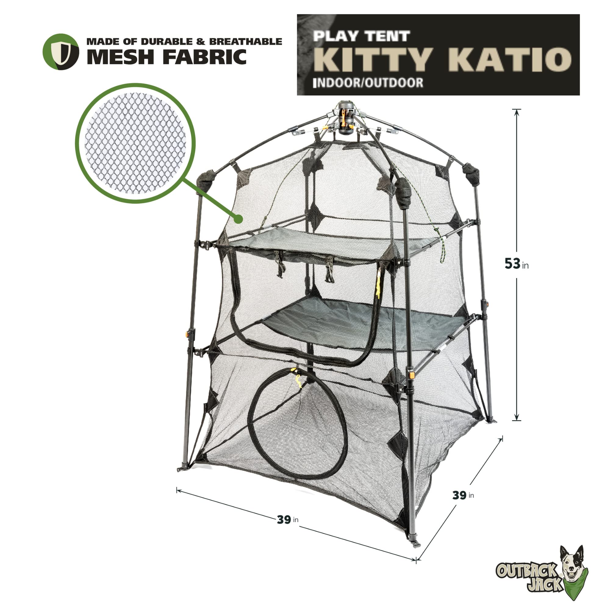 Outback Jack Catio: espace à 3 niveaux avec hamacs pour le repos.