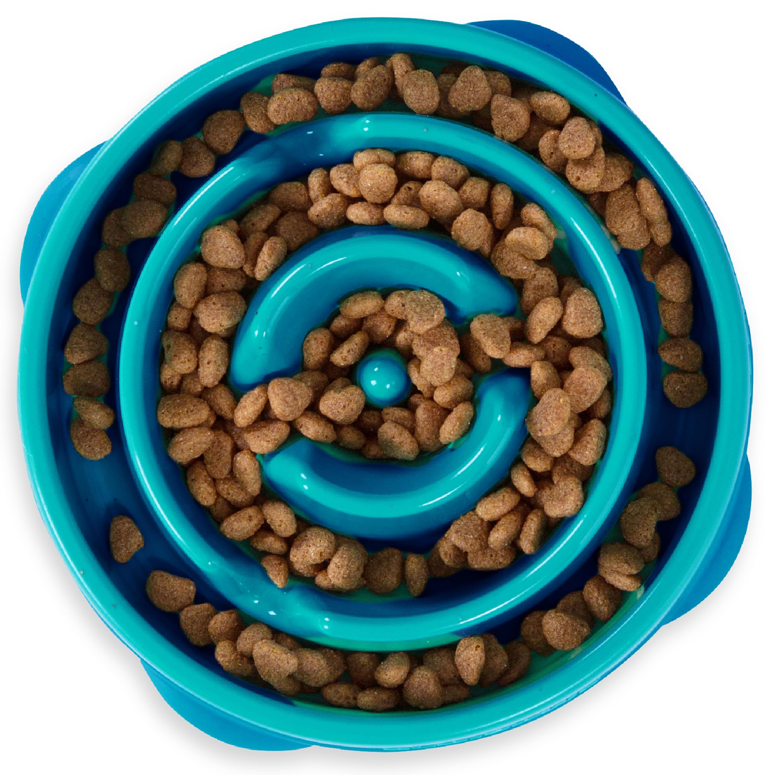 Bol turquoise Outward Hound Fun Feeder Slo, motif gouttes, pour un repas plus lent.