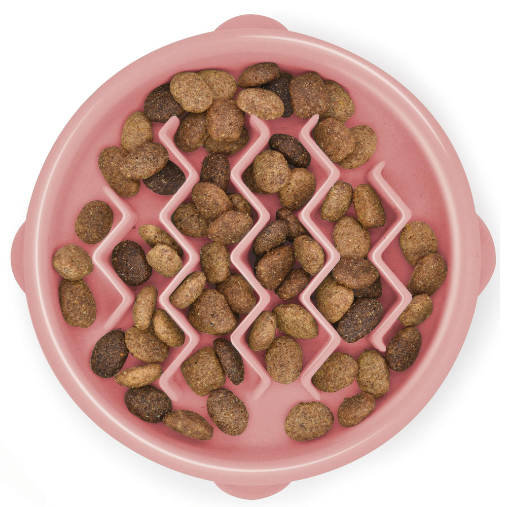 Outward Hound Fun Feeder Slo Bowl rose-ondes, mise en valeur du motif et de la couleur rose.