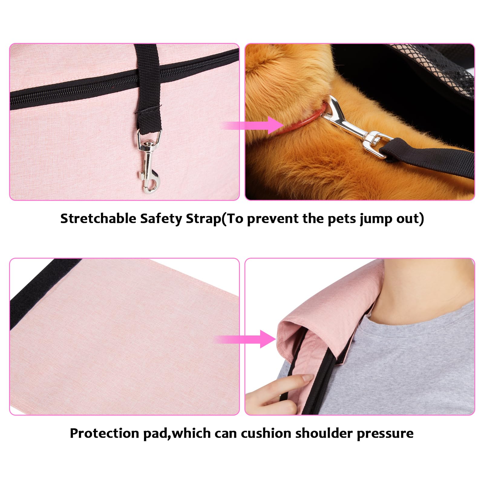 Ownpets sling rembourrage interne rose, maintien structuré pour chiens et chats.