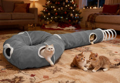 Ownpets tunnel chat balles peluche gris, surface douce pour câlins et jeux.