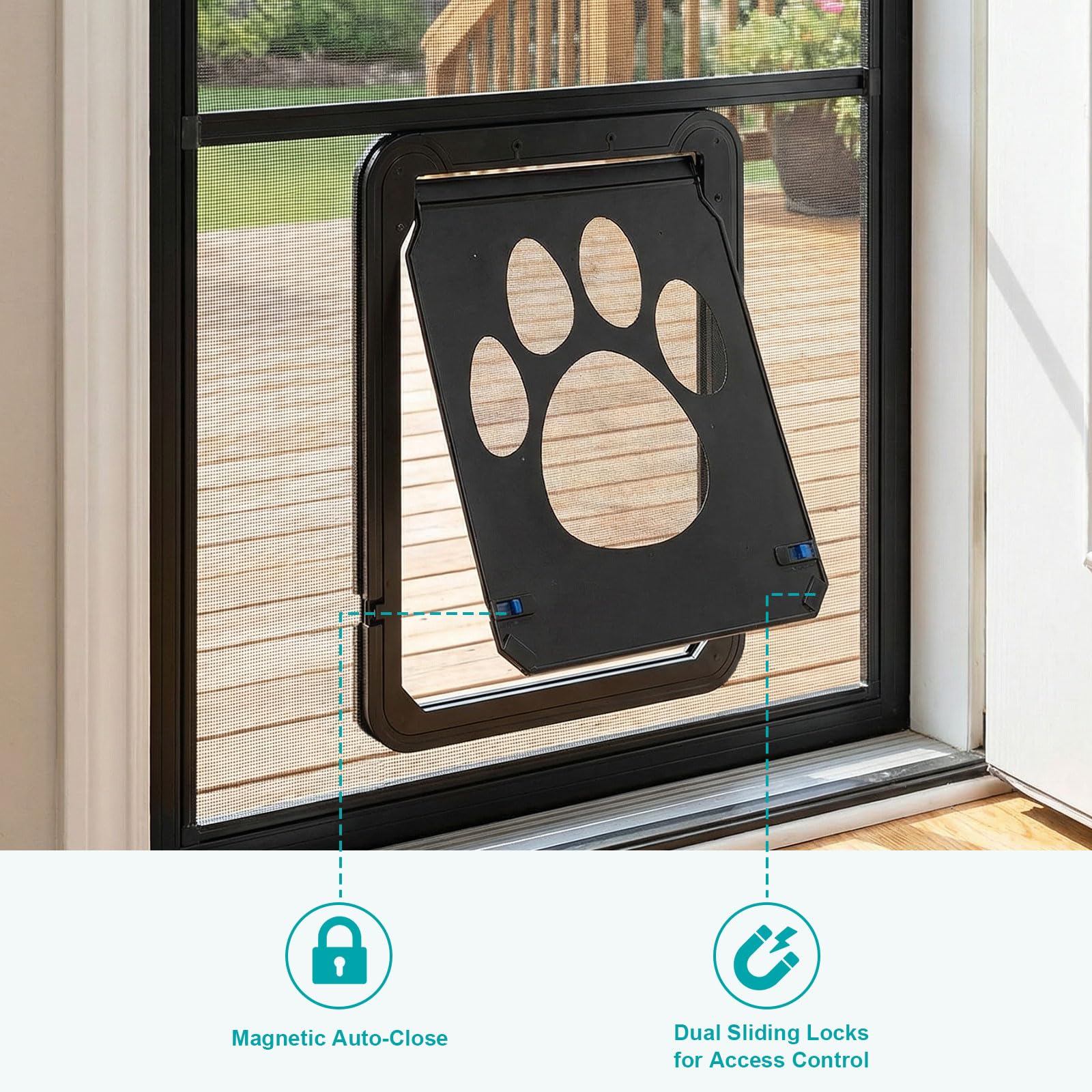 Verrous latéraux Ownpets, sécurité et contrôle renforcés pour la porte moustiquaire.