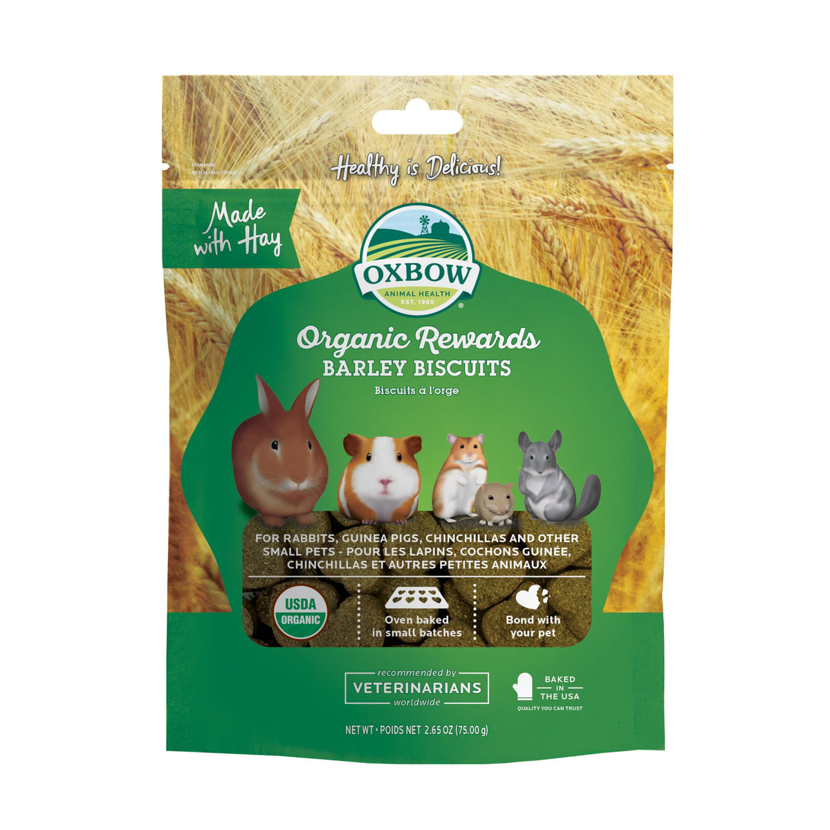 Friandises Oxbow d’orge bio pour lapin et cobaye, collation naturelle et savoureuse.