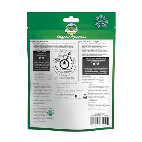 Biscuits Oxbow d’orge bio, saveur pomme-carotte pour lapin et cobaye.