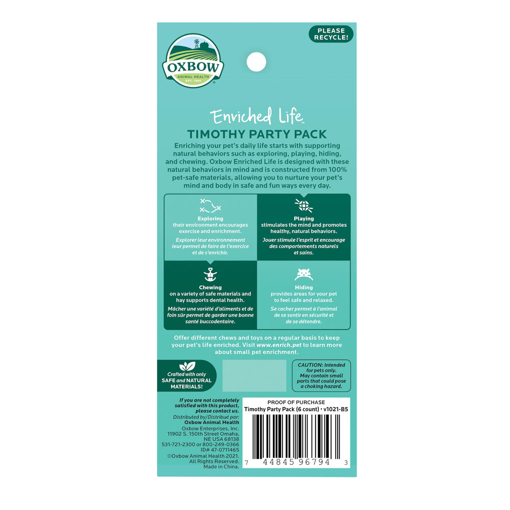 Oxbow Timothy Party Pack soutient des habitudes de mastication naturelles et usure dentaire douce.