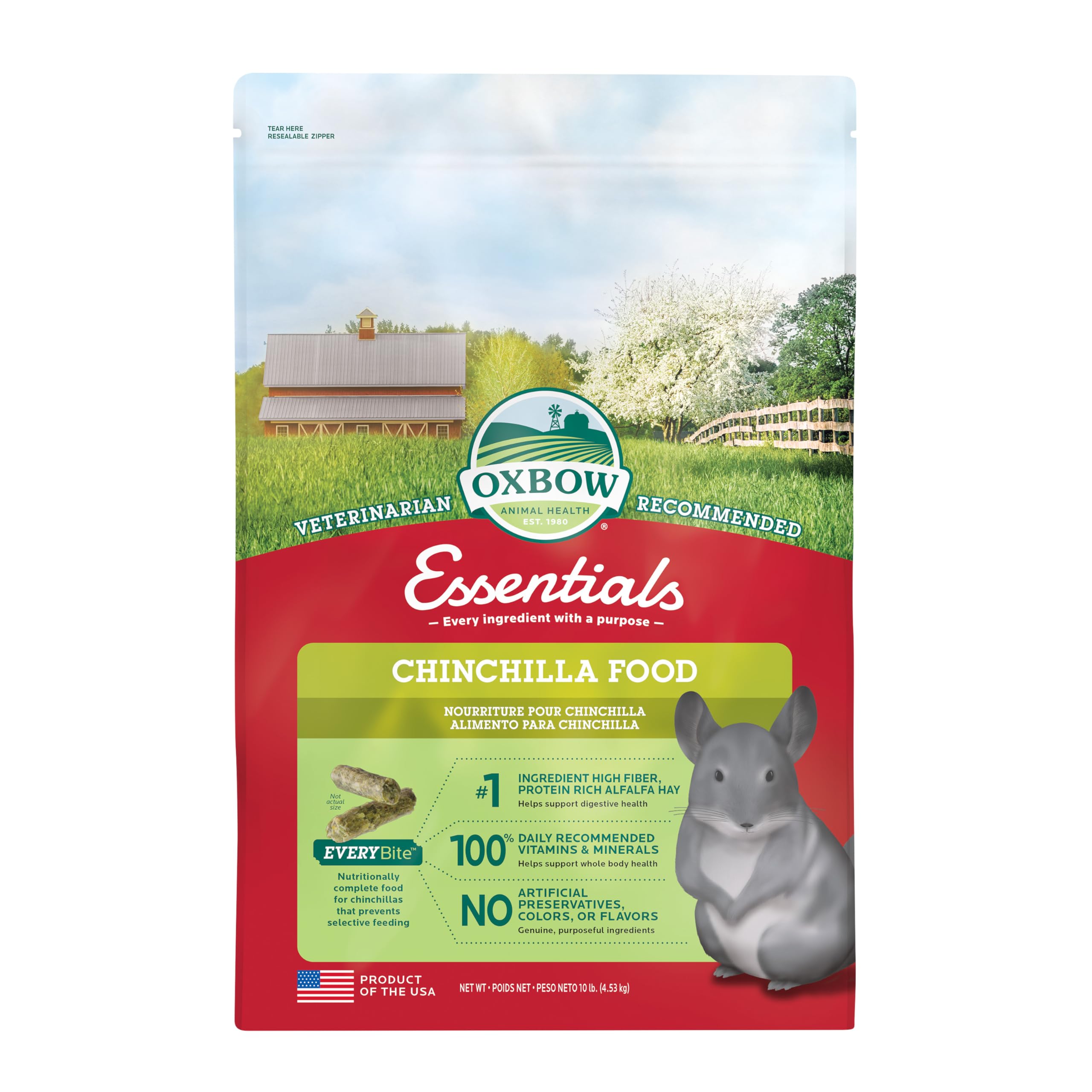 Oxbow Essentials Chinchilla — emballage clair et pratique pour stocker facilement.