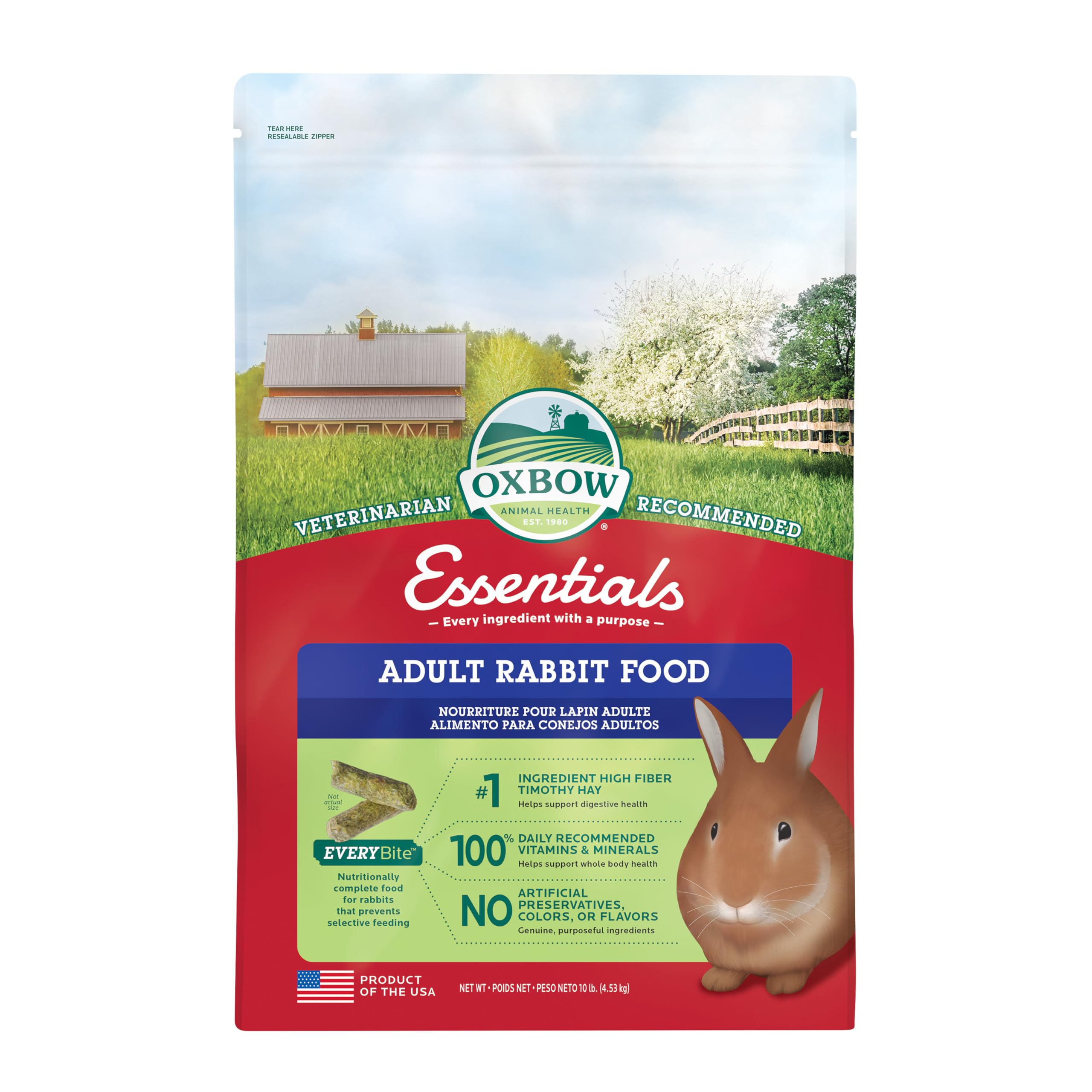 Emballage d'Oxbow Essentials pour lapin, pratique et facile à ranger pour l'alimentation quotidienne.