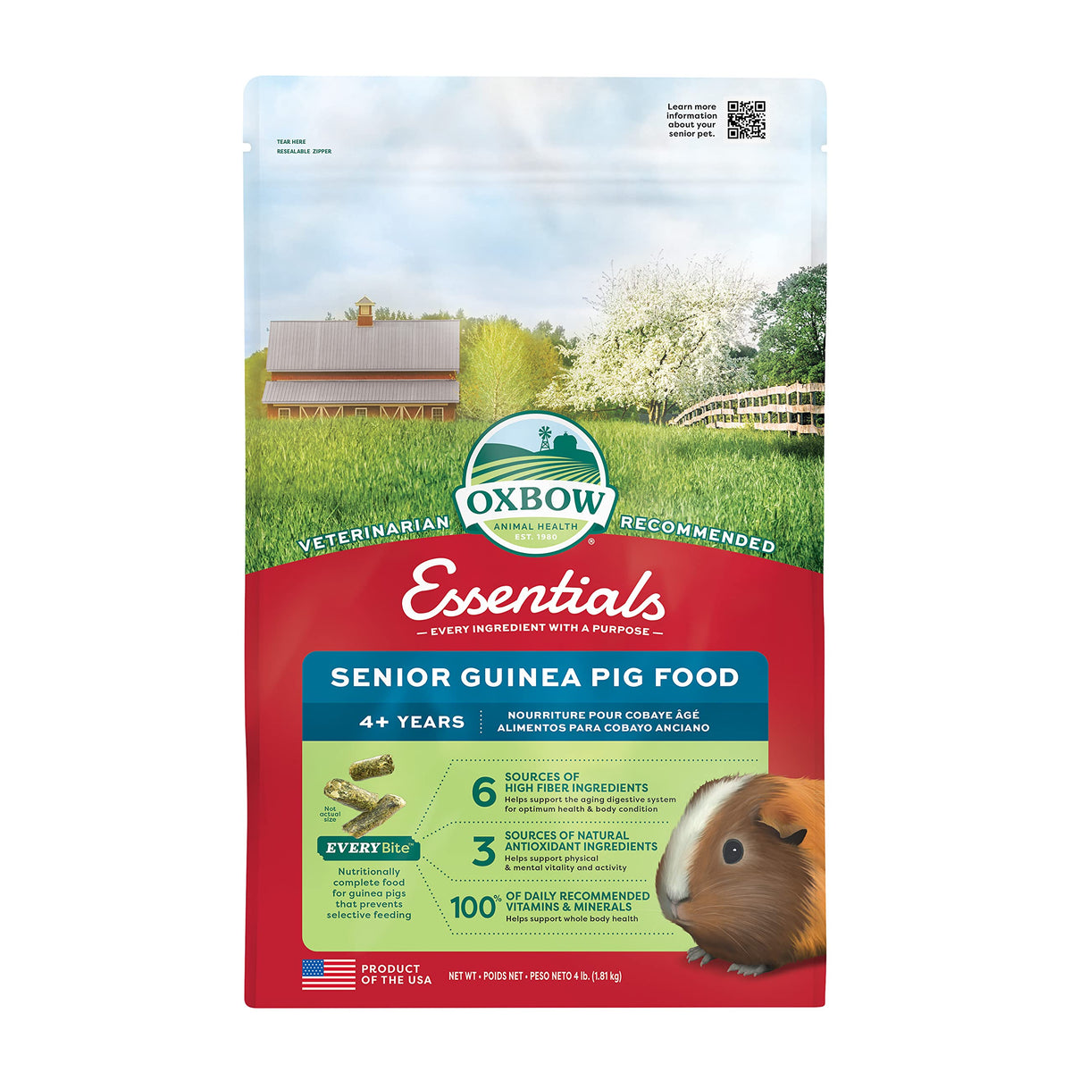 Boulette Oxbow Essentials Senior pour cochon d’Inde, nutrition ciblée pour seniors.