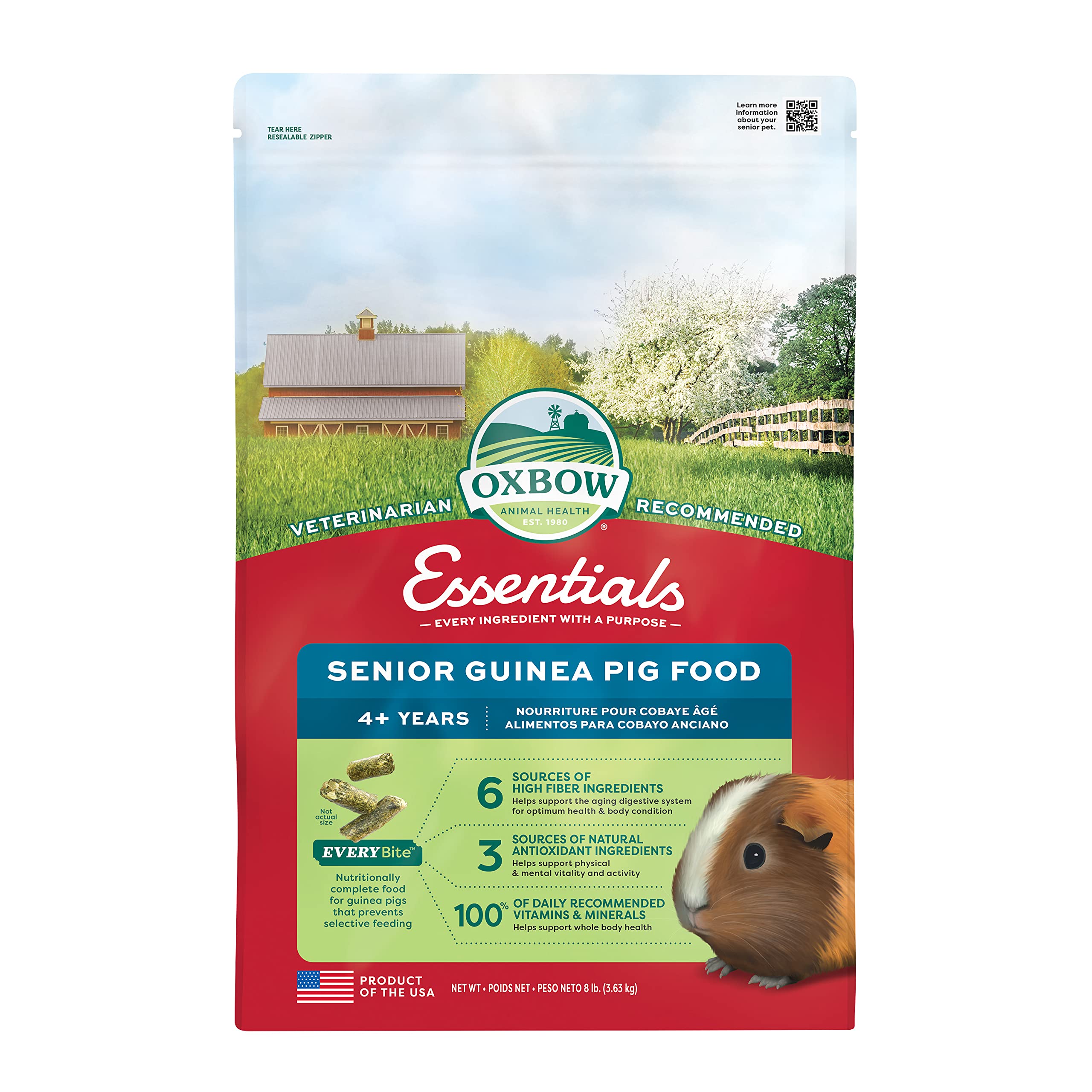 Oxbow Essentials sénior pour cochon d’inde avec granulés, soutien digestif.