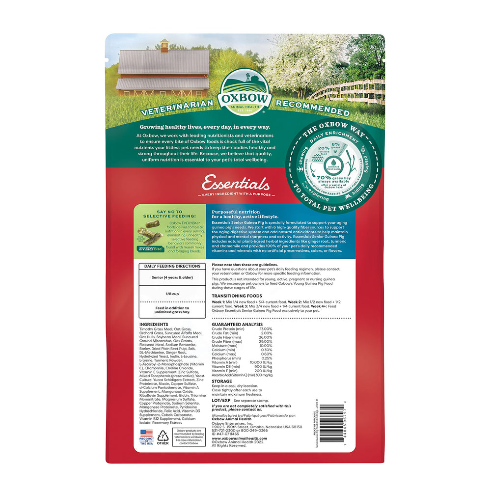 Fibres élevées dans Oxbow Essentials sénior, pour digestion stable.