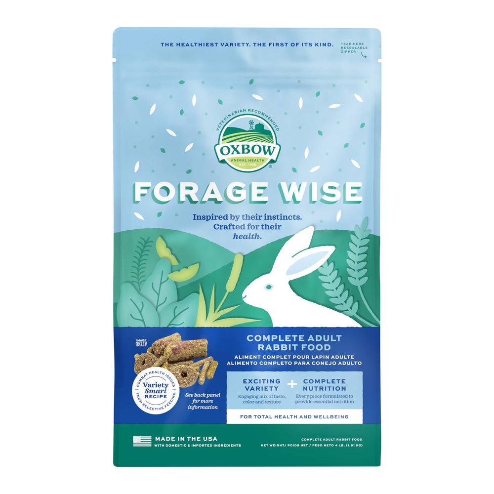 Oxbow Forage Wise: base foin Timothy, favorise digestion et usure dentaire.