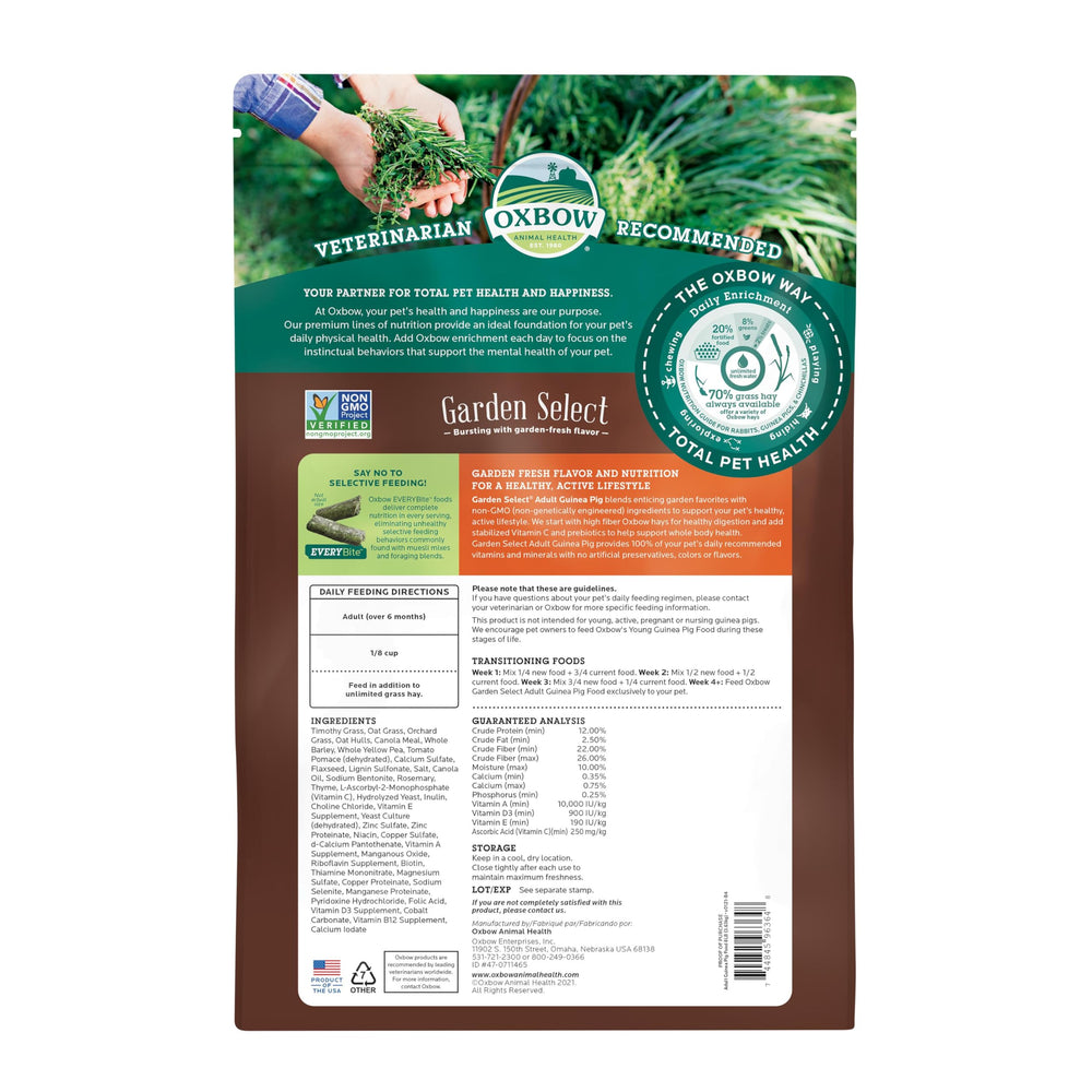 Oxbow Garden Select: formule non-OGM sans soja, respectueuse des choix alimentaires.