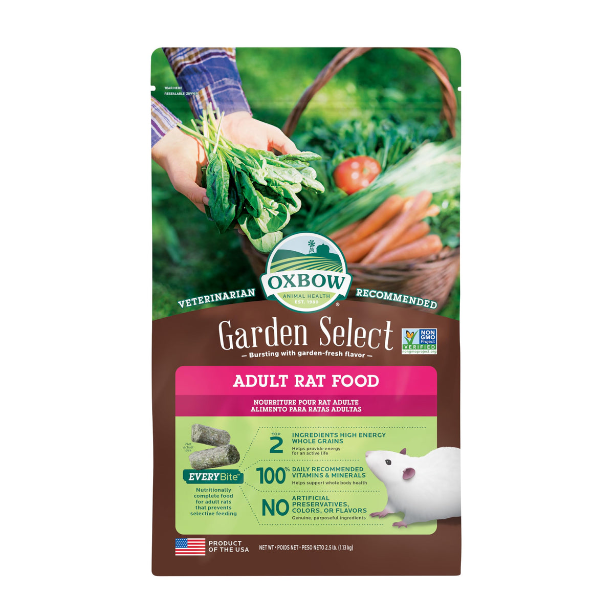 Oxbow Garden Select : granulés uniformes pour rats adultes assurant une nutrition équilibrée.