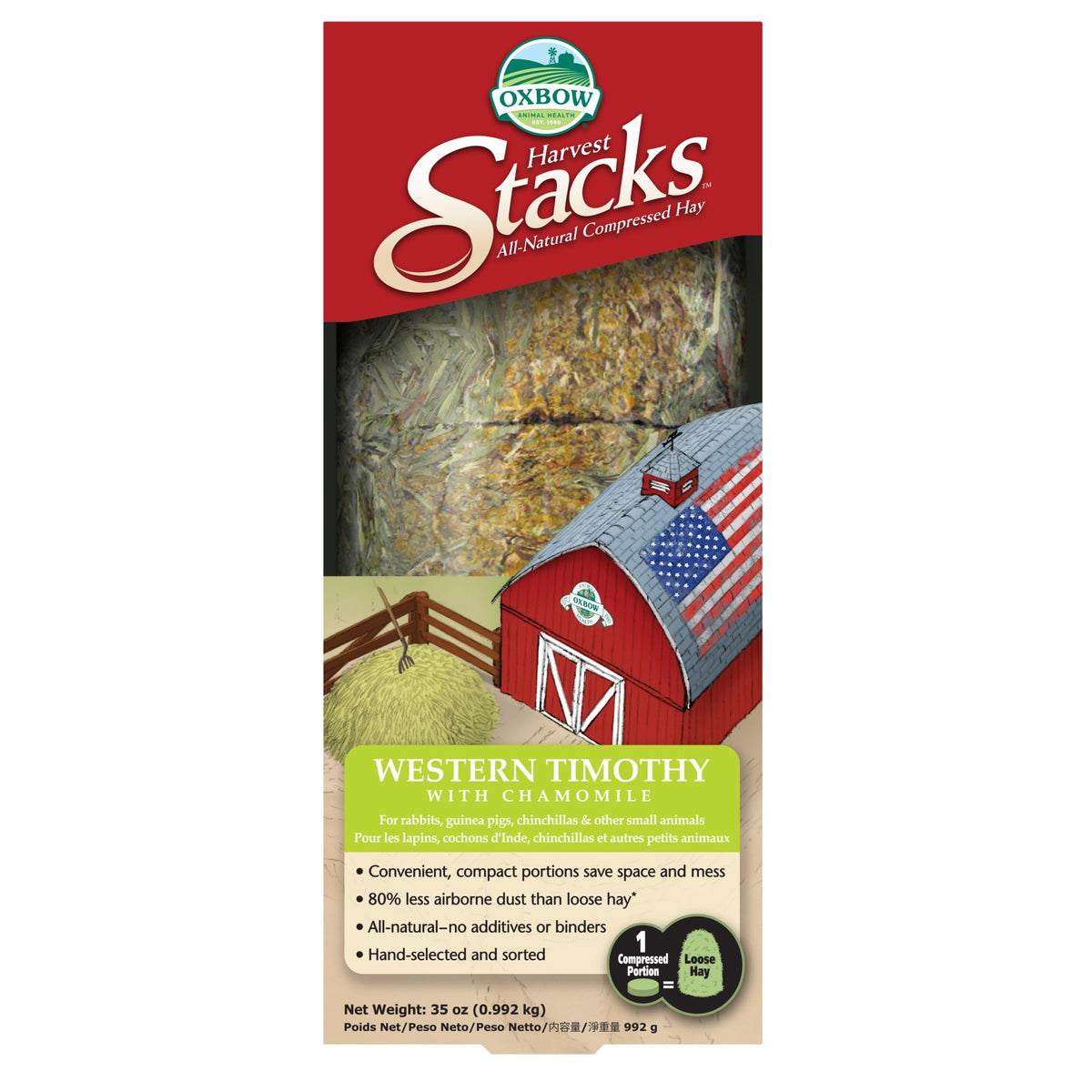 Oxbow Harvest Stacks foin Timothée camomille, routine apaisante pour petits animaux.