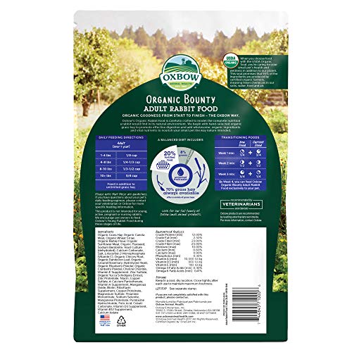 Pellets bio Oxbow Organic Bounty pour lapin adulte, repas équilibré.