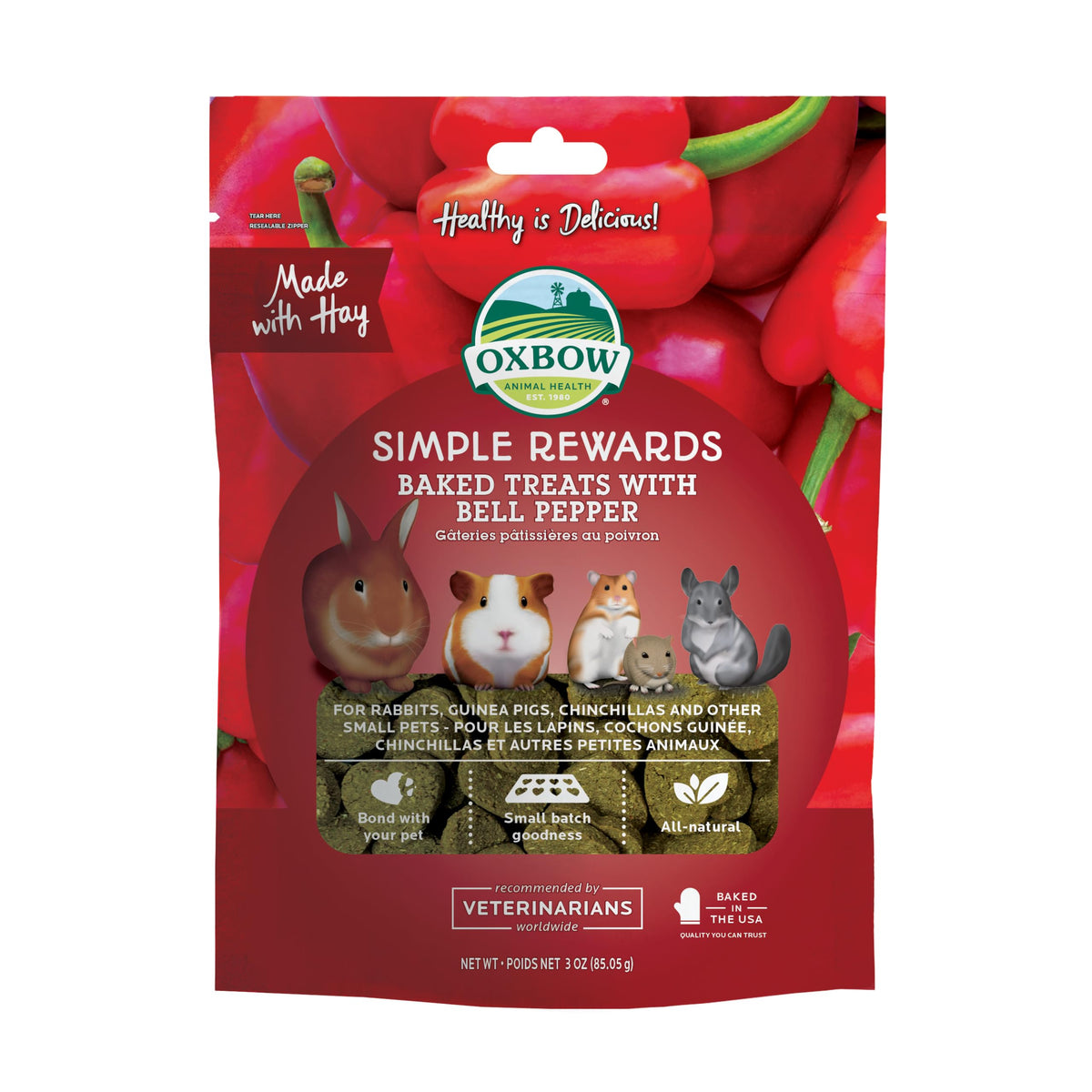 Oxbow Simple Rewards : sachet poivron et foin, favorise la mastication et le bien-être.
