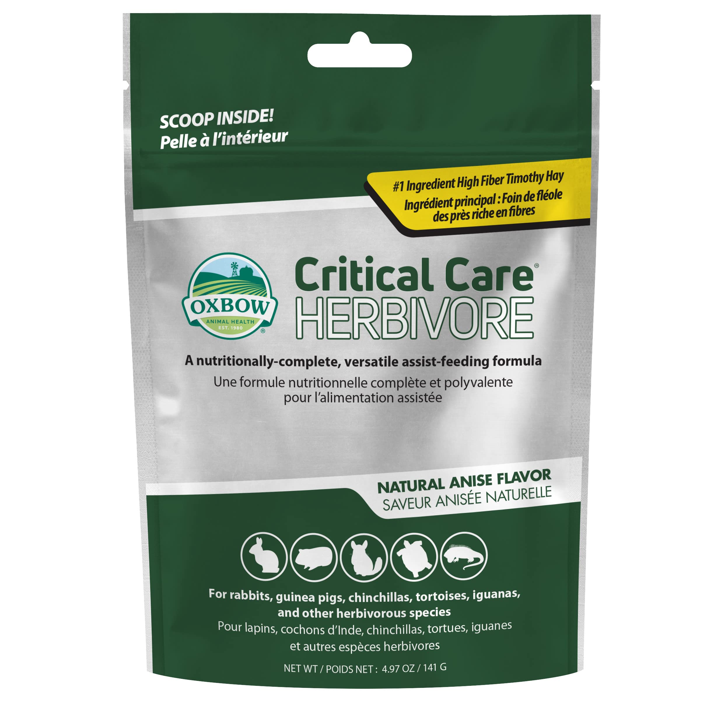 Oxbow Critical Care Herbivore, poudre prête pour seringue, soutien nutritionnel d’urgence.