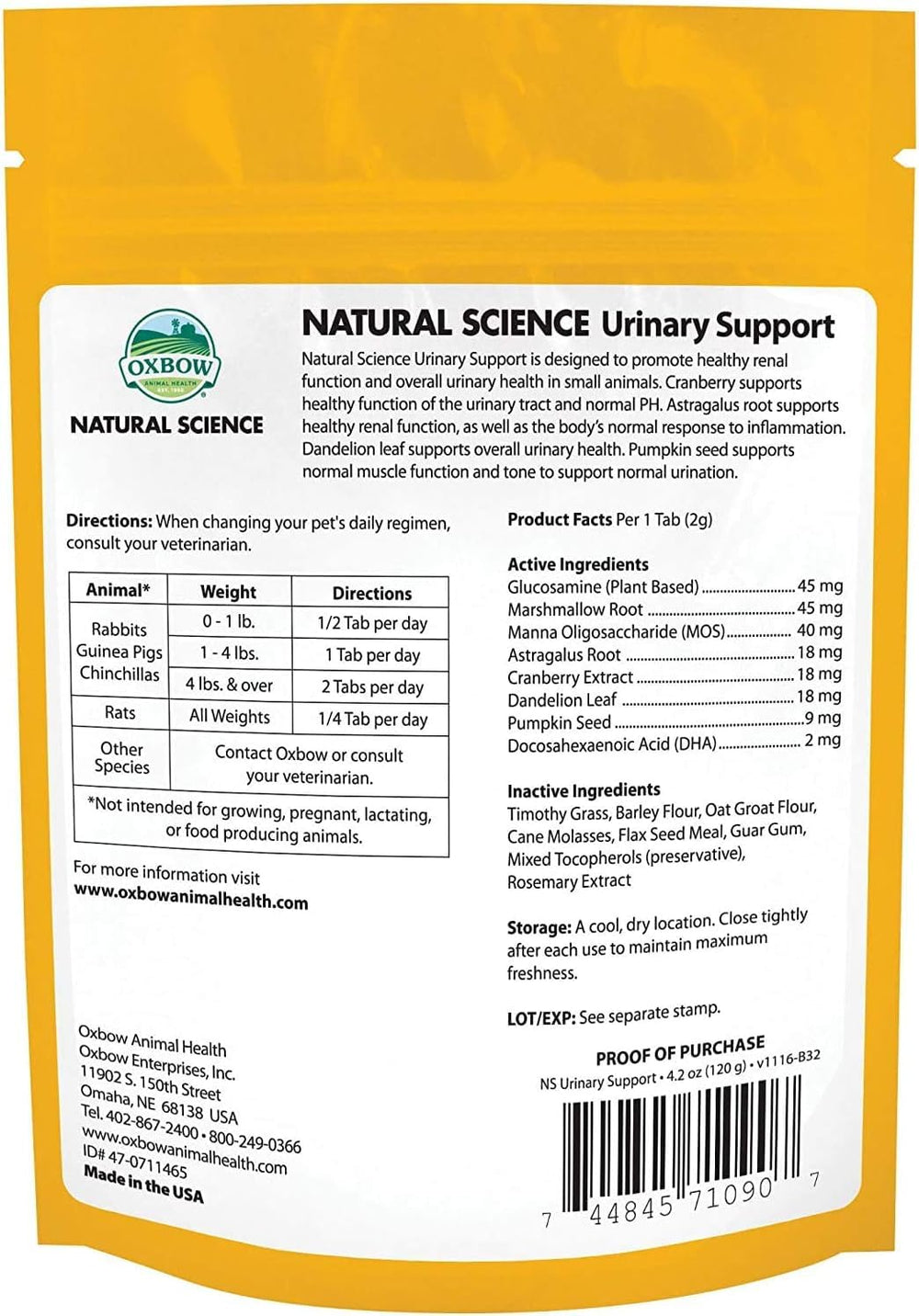 Utilisation quotidienne Oxbow Soutien Urinaire Naturel – lapin, sachet, intégration facile.