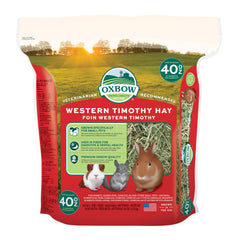 Oxbow Timothy Hay emballage 40oz, fraîcheur préservée pour petits animaux.