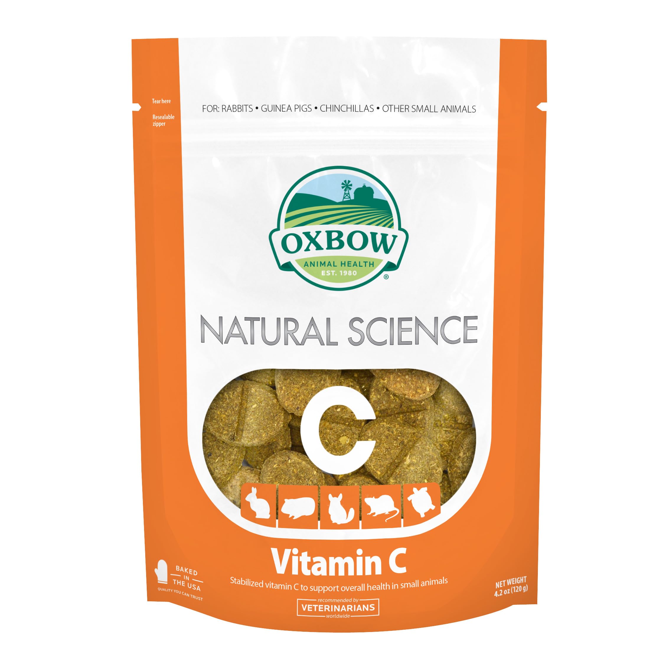 Oxbow Vitamine C, emballage visible, source pratique de vitamine C pour petits animaux.