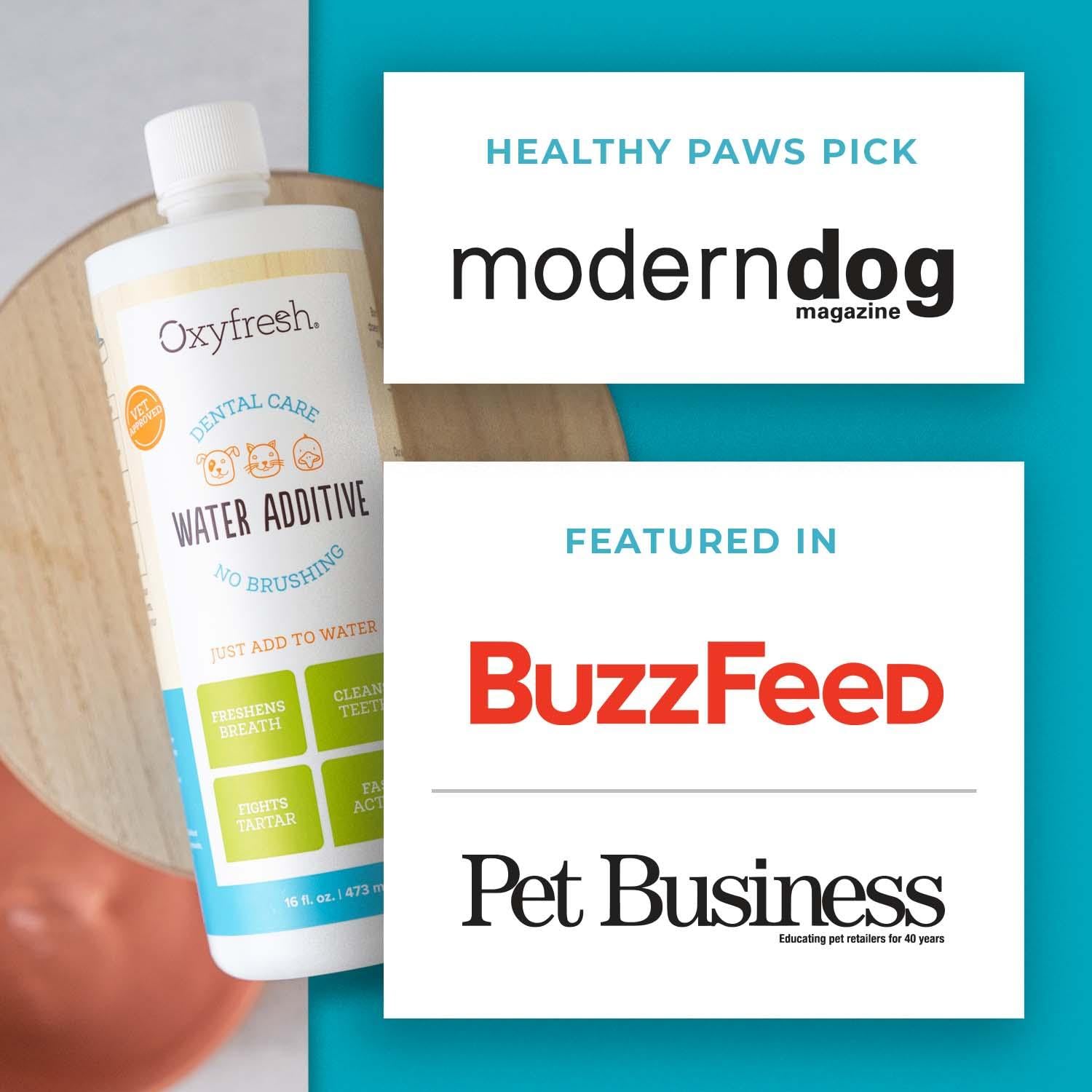 Oxyfresh Solution Dentaire pour Animaux : plus besoin de brosser, il suffit d’ajouter à l’eau.
