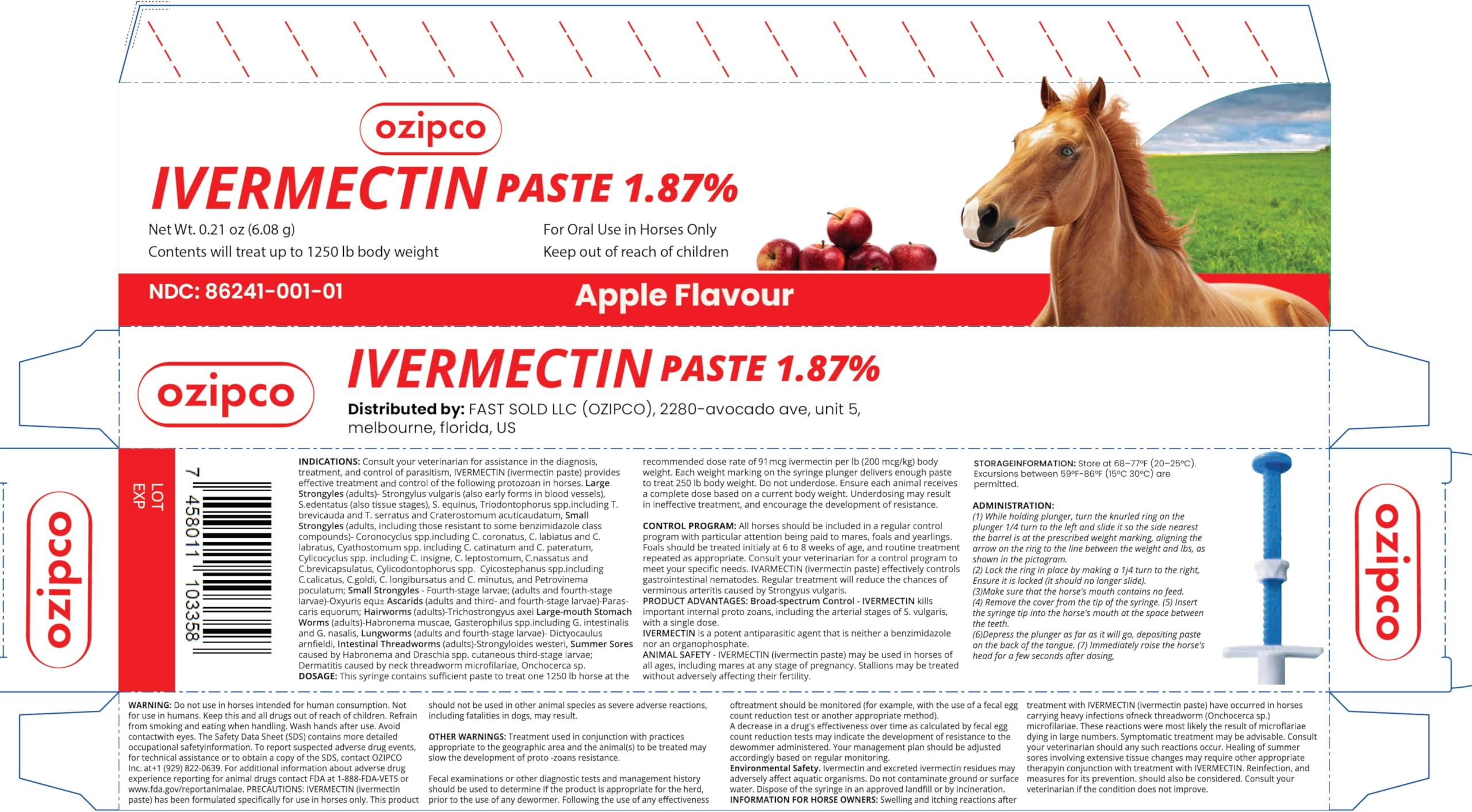OZIPCO Ivermectine cheval, saveur pomme agréable lors de l'administration.