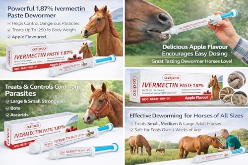 OZIPCO Ivermectine cheval, étiquette sécurité et instructions claires.