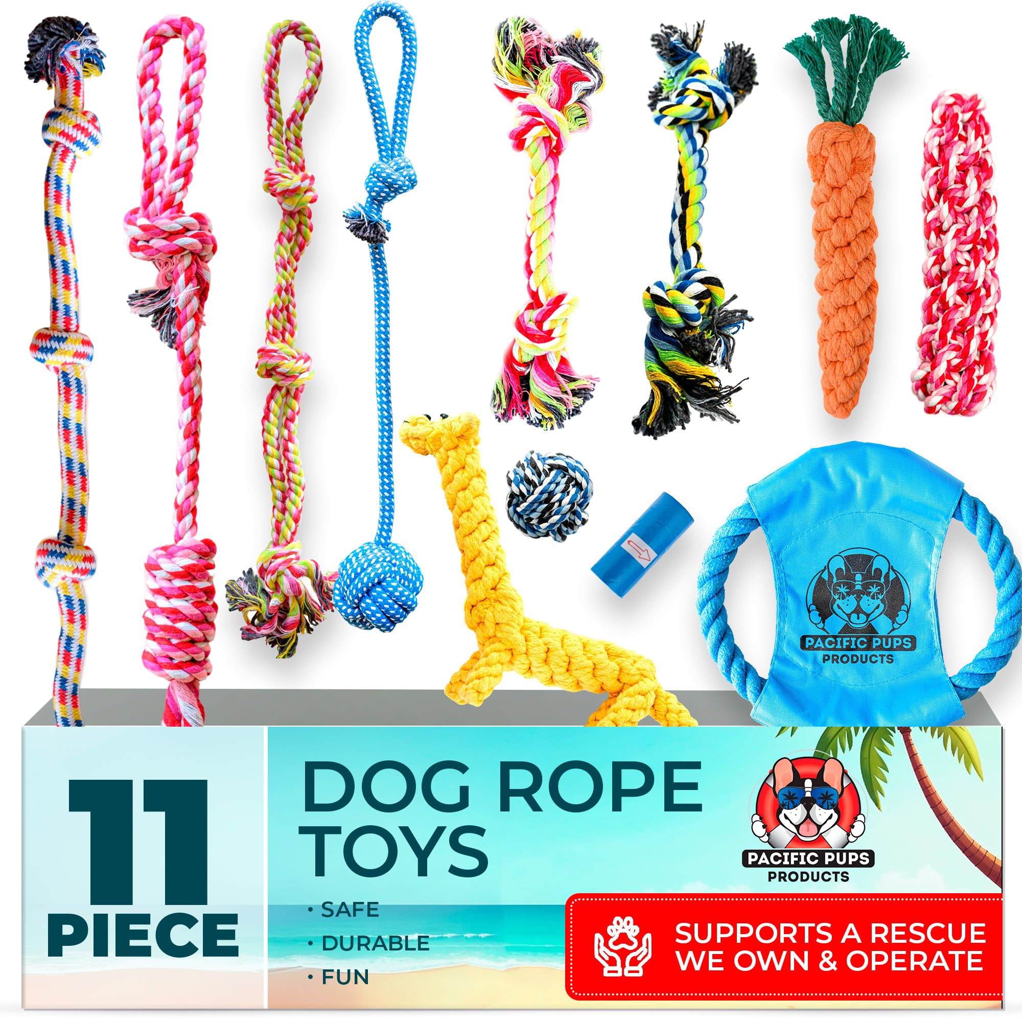 Pacific Pups Products – jouet corde chien moyen, pack 11 pièces, divertissement durable.