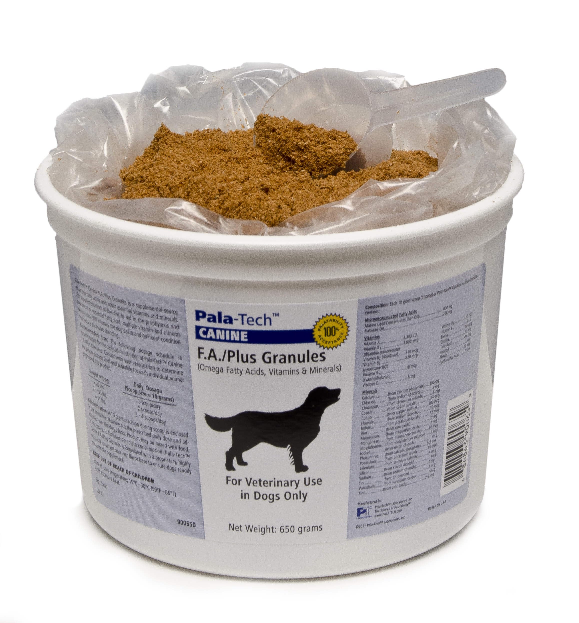 Pala-Tech Canine FA Plus Granules – flacon et granulés faciles à doser pour chien.