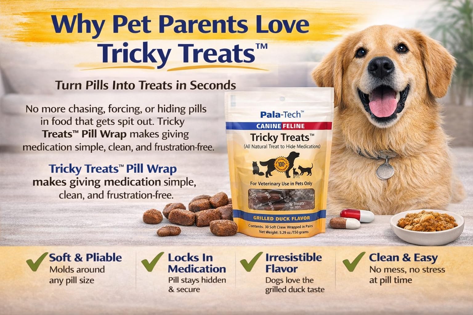Friandises vétérinaire approuvées pour soutien nutritionnel des animaux.