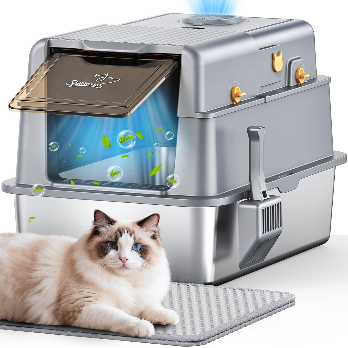 PalNests L7 Ultra, bac litière en acier inoxydable, durable pour chats de grande taille.