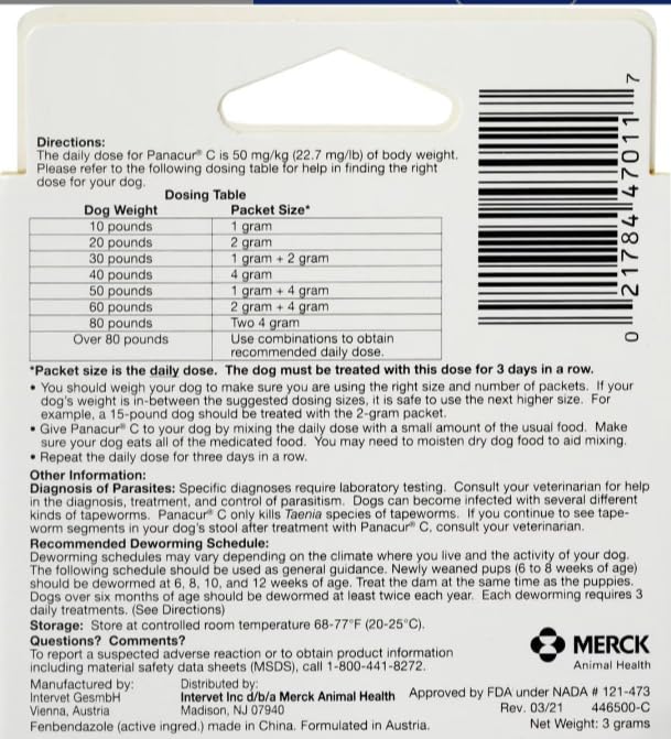 Sachets Panacur C, déparasitant canin, dosage pratique pour chiens et chiots.