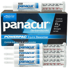 Panacur Powerpac 5-pack : seringues prêtes à l'emploi pour le traitement antiparasitaire équin.