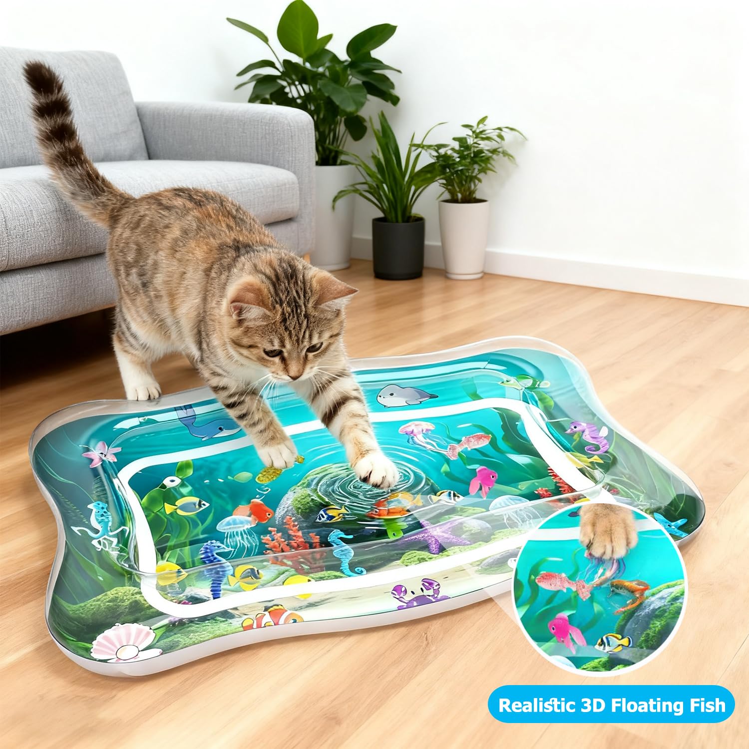 Chat utilisant PANRIO tapis eau pour stimulation et moments de jeu.