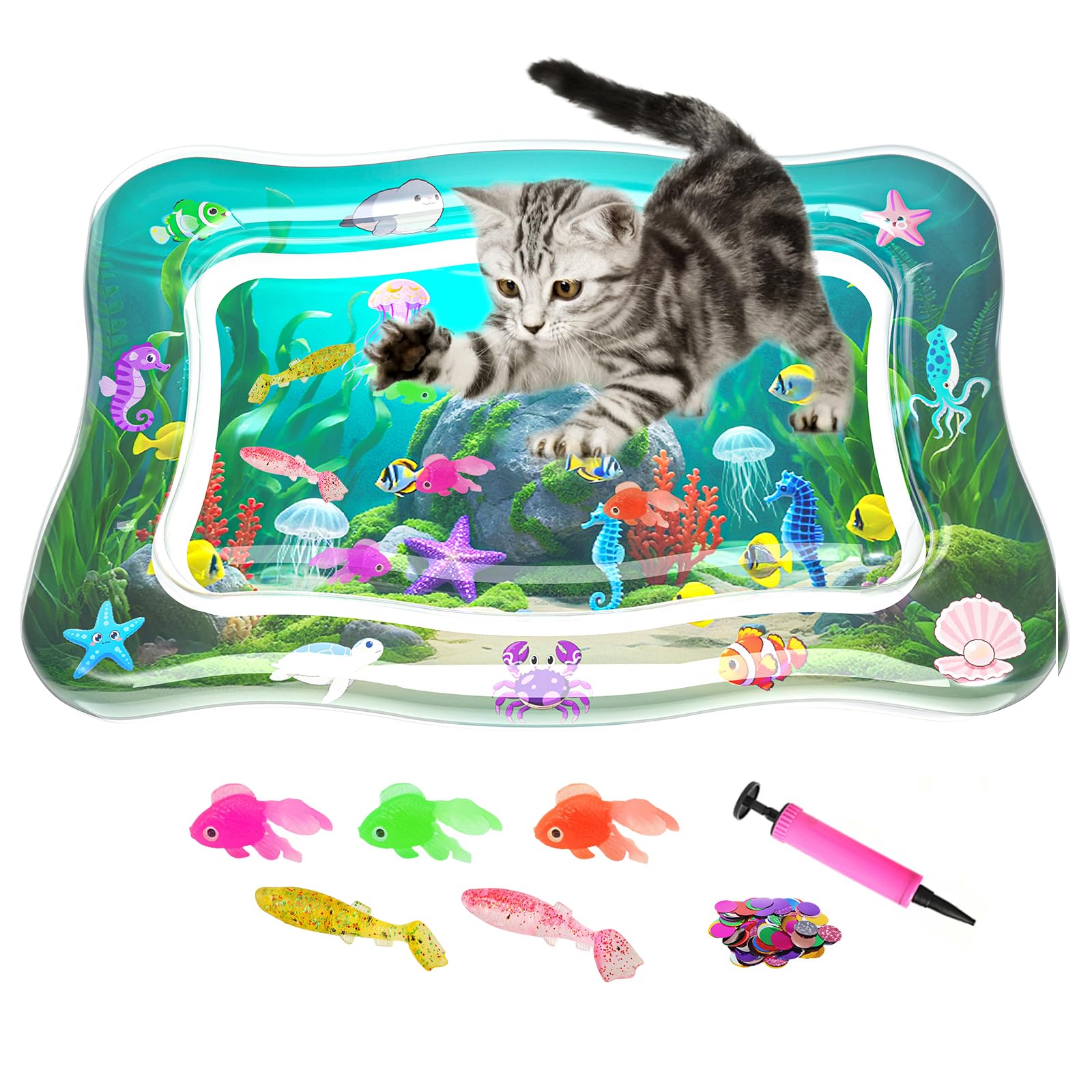 Le tapis eau PANRIO interactif pour chat d'intérieur stimule l'instinct de chasse et amuse.