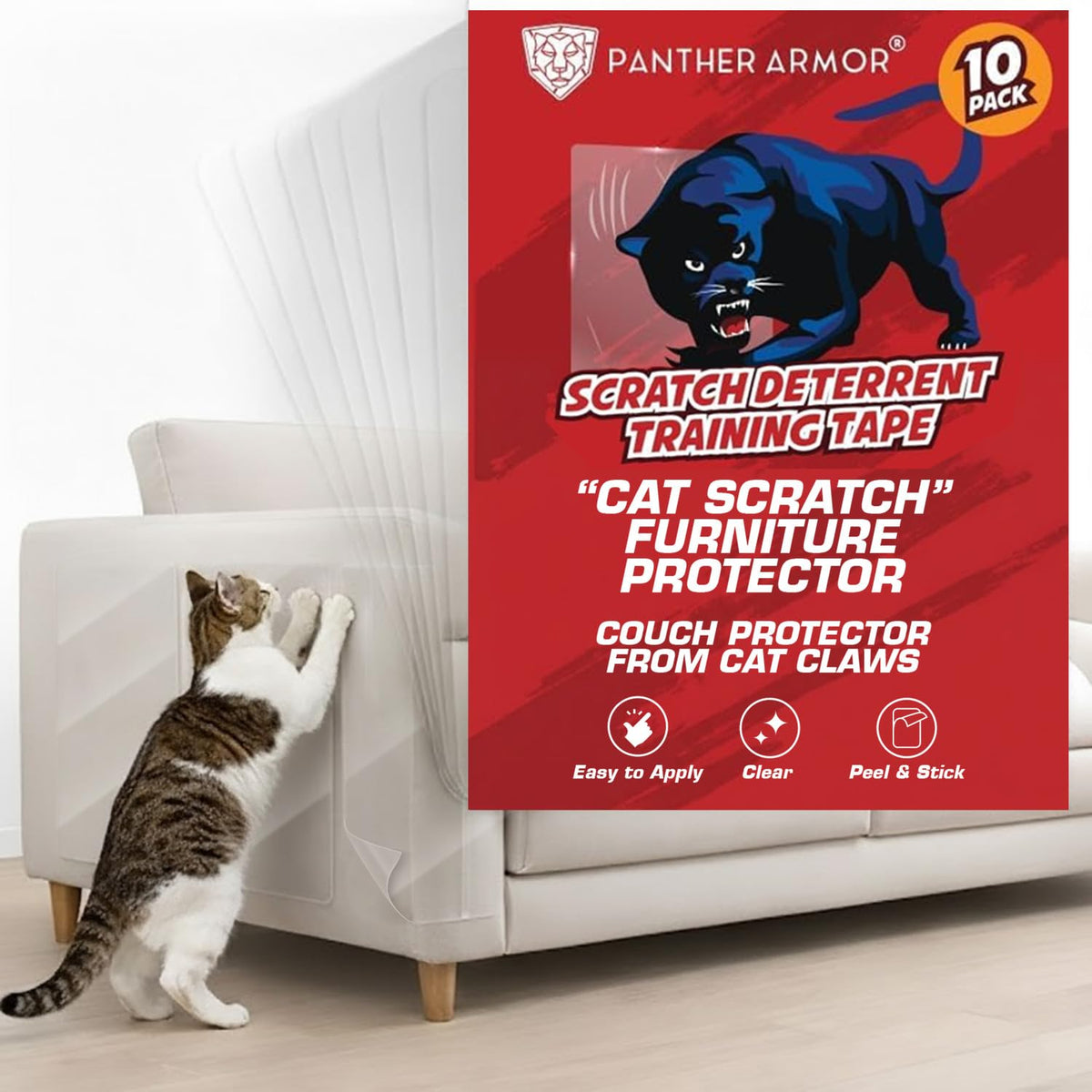 Bandes double-face Panther Armor anti-griffes sur canapé, protection discrète.