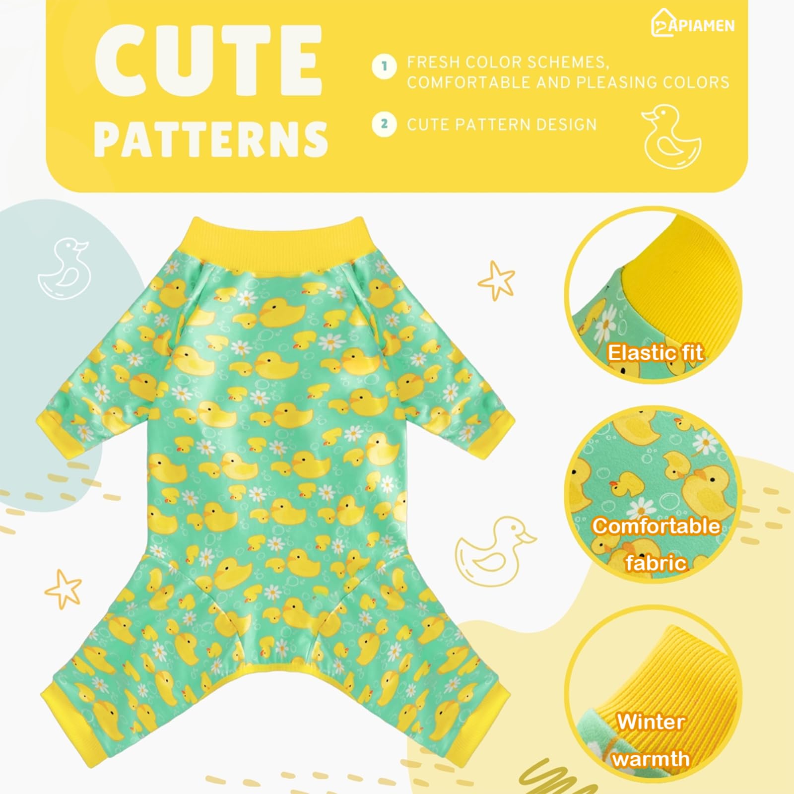 PAPIAMEN Pyjama chien canard jaune, velours doux et chaud.