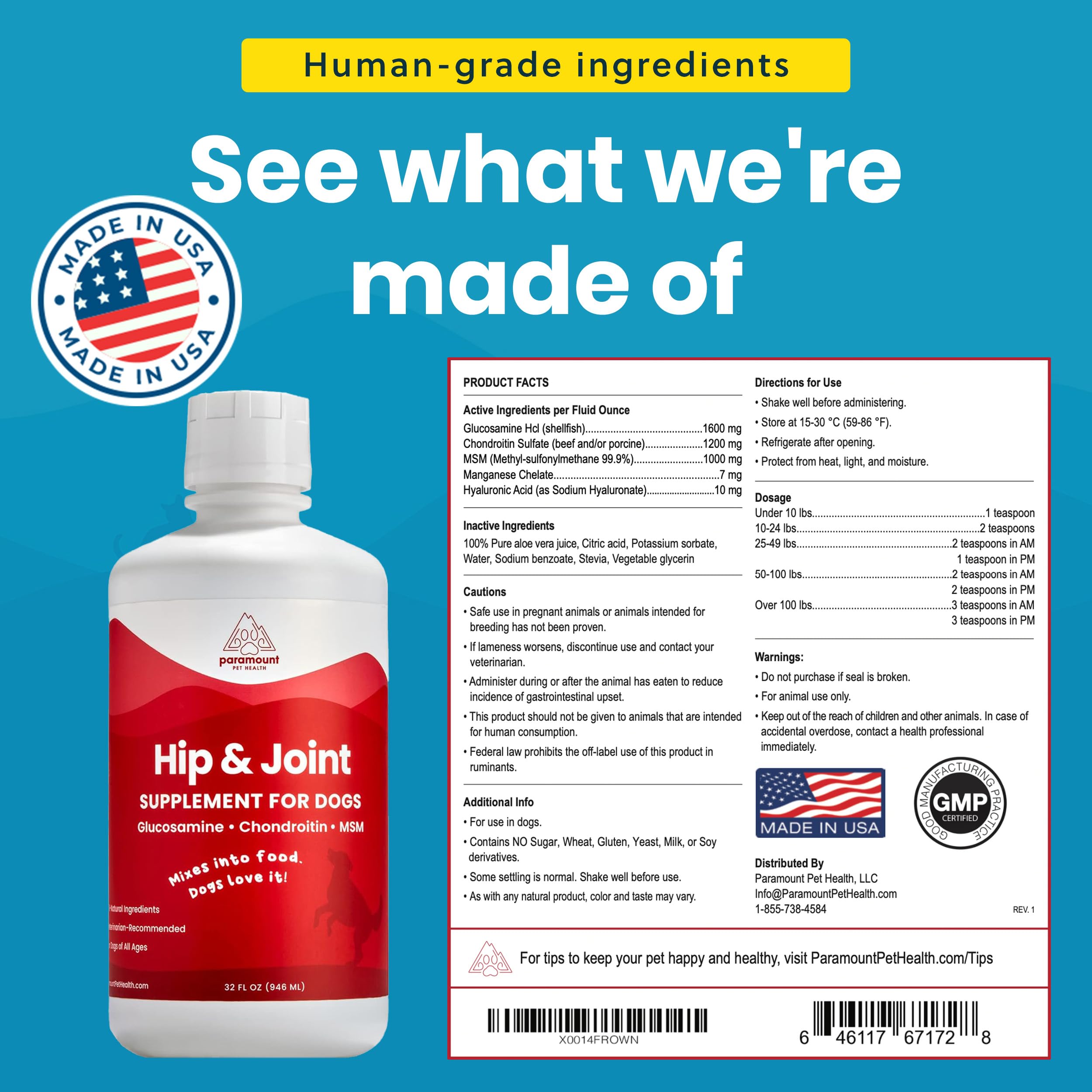 Paramount Pet Health doseur glucosamine liquide, dose précise pour soutien articulaire.