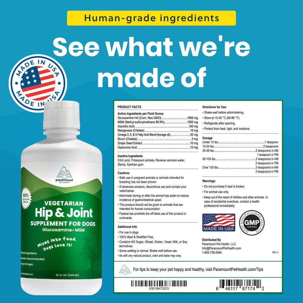 Paramount Pet Health glucosamine chondroïtine MSM oméga 3-6-9, soutien mobilité chien.