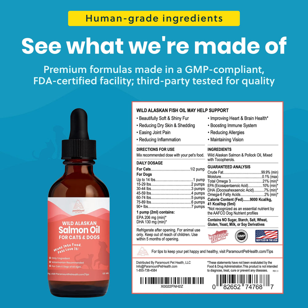 Gouttes Paramount Pet Health saumon Alaska dans pipette, facile à incorporer au repas.