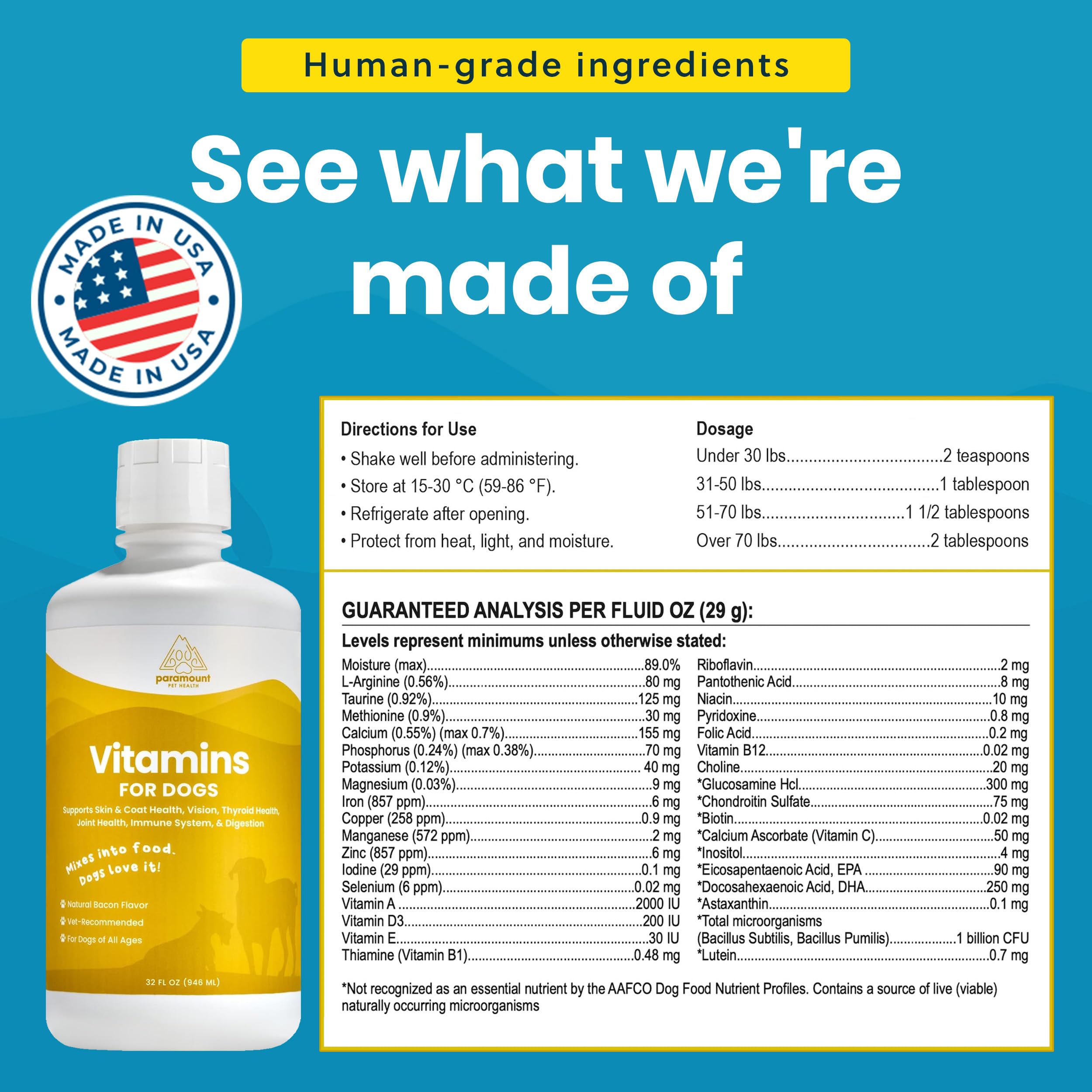 Multivitamines liquides Paramount Pet Health 8 en 1 pour énergie et bien‑être.
