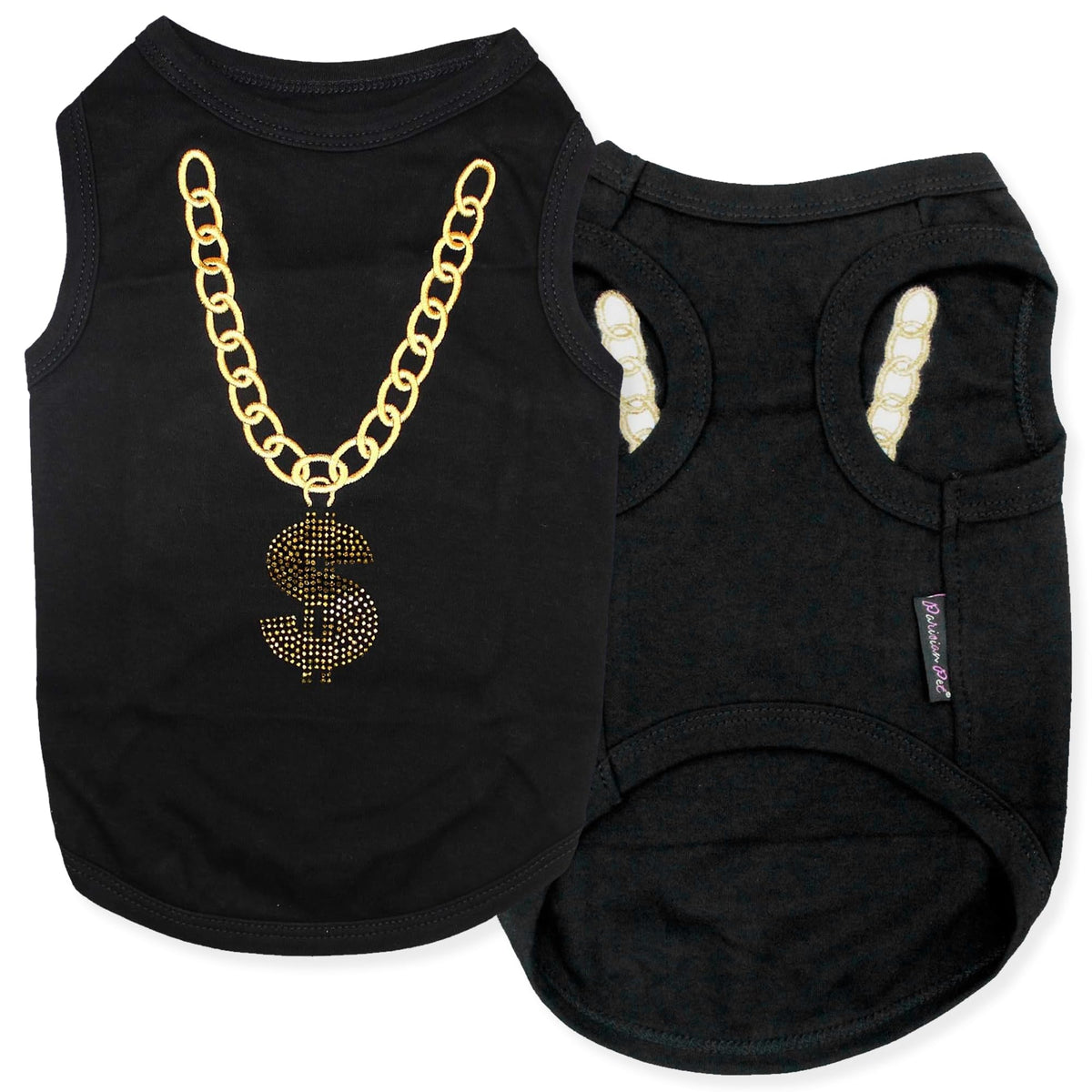 Parisian Pet camisol avec chaîne dorée sur chien, style chic durable pour promenades.