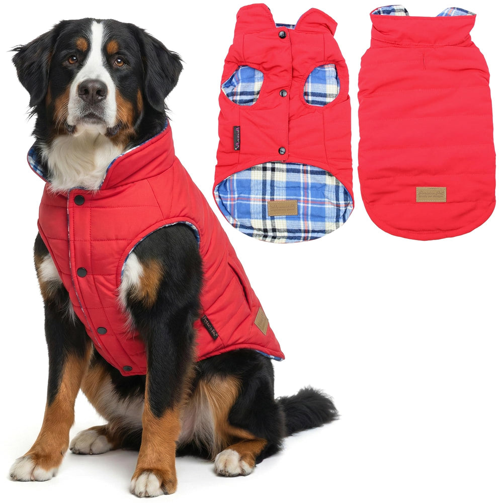 Doudoune réversible Parisian Pet uni rouge, vue avant, chaleur confortable et facilité d'enfilage.
