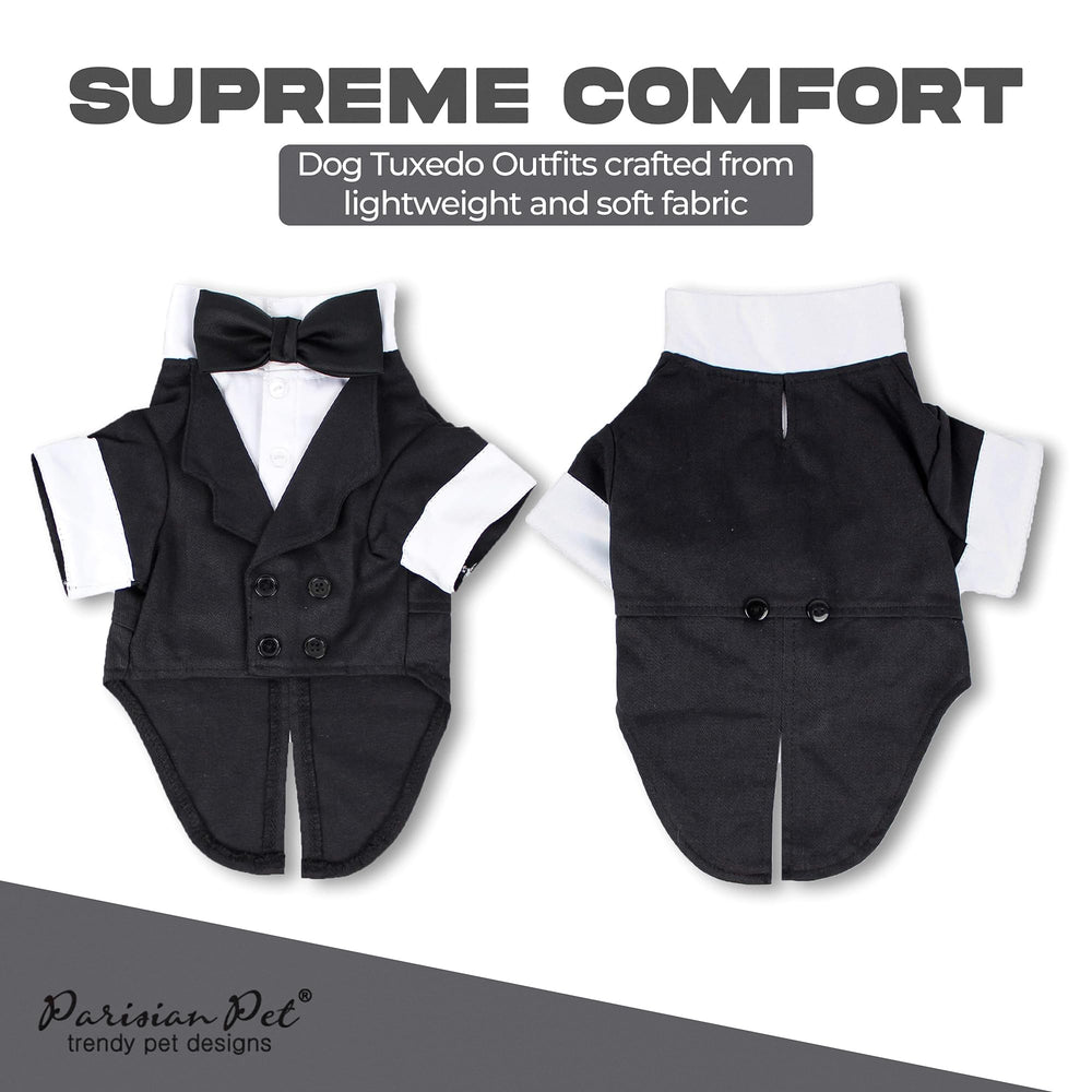 Robe smoking Parisian Pet pour chien avec noeud papillon intégré et style formaliste.