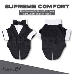 Robe smoking Parisian Pet pour chien avec noeud papillon intégré et style formaliste.
