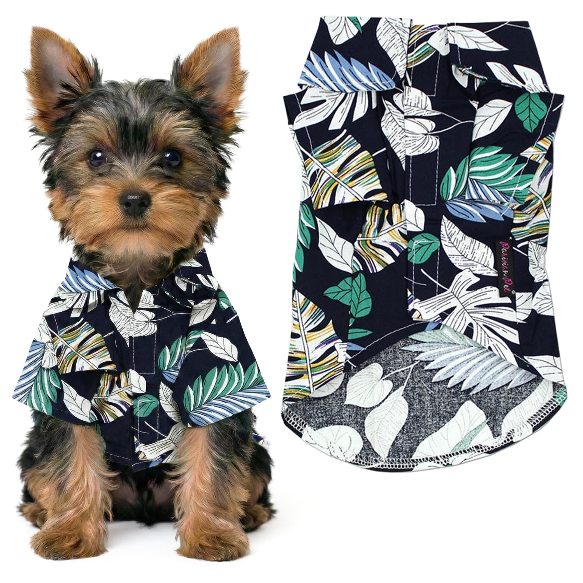 Parisian Pet vetement chien imprimé feuilles-palmes bleu, parfait pour sorties estivales.