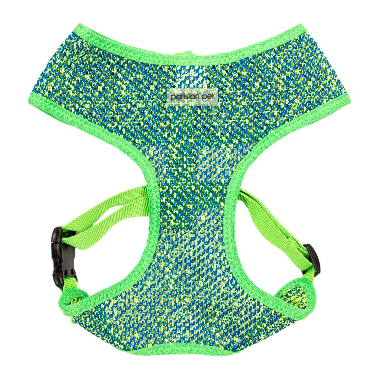 Harnais Parisian Pet bleu-vert avec mesh respirant pour sorties quotidiennes confortables.