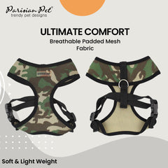 Harnais camouflage Parisian Pet avec anneau de laisse robuste pour contrôle sûr.