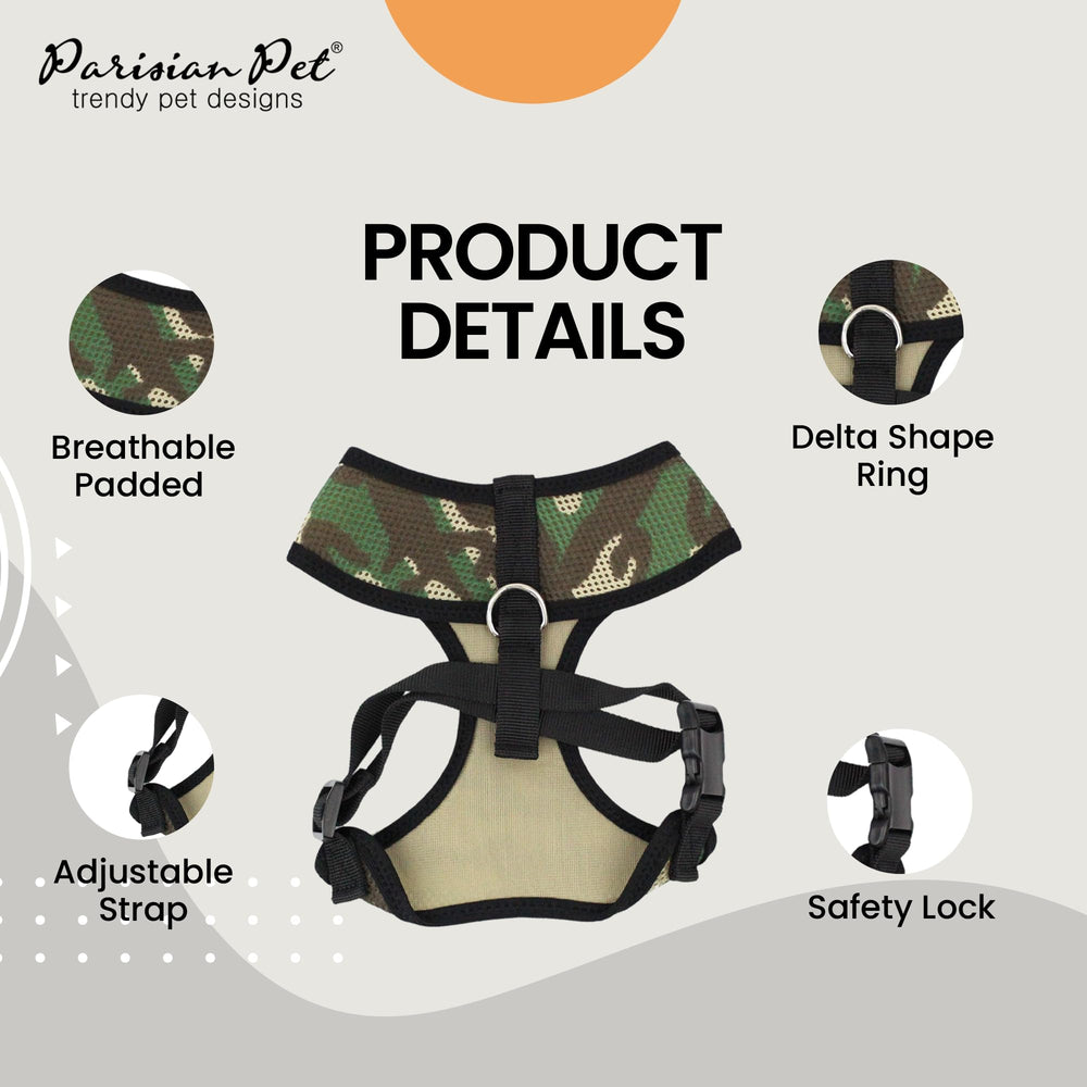 Harnais camouflage Parisian Pet en mesh, à l'avant ajustable pour maintien personnalisé.